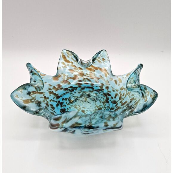 Art Glass Ruffle Bowl Dish Blue Aqua Brown Splatters Murano-like Star Fish - Picture 5 of 12